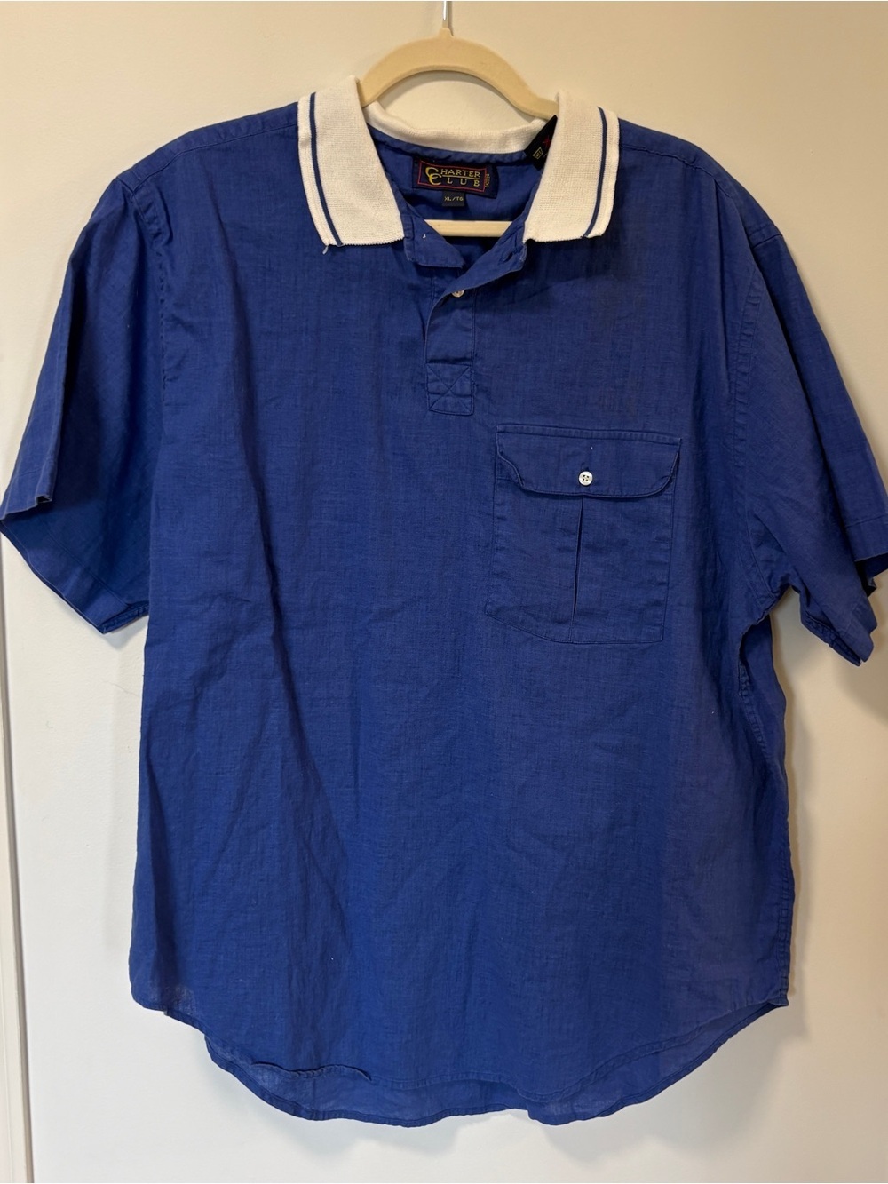 Vintage Charter Club Linen Blend Polo Shirt Royal Blue XL White Collar Preppy
